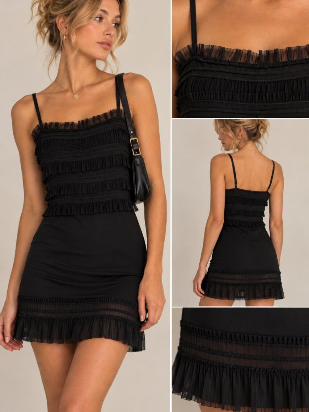 Studio M Black Ruffle Mini Dress XS Pleated Chiffon Y2K Party Cocktail